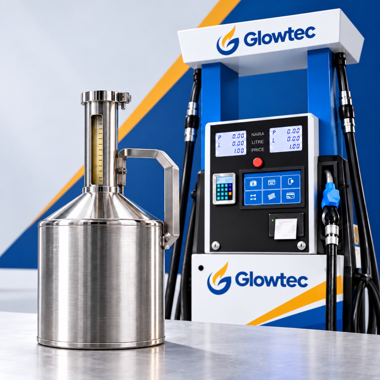 A calibration measuring vessel beside a Glowtec fuel dispenser