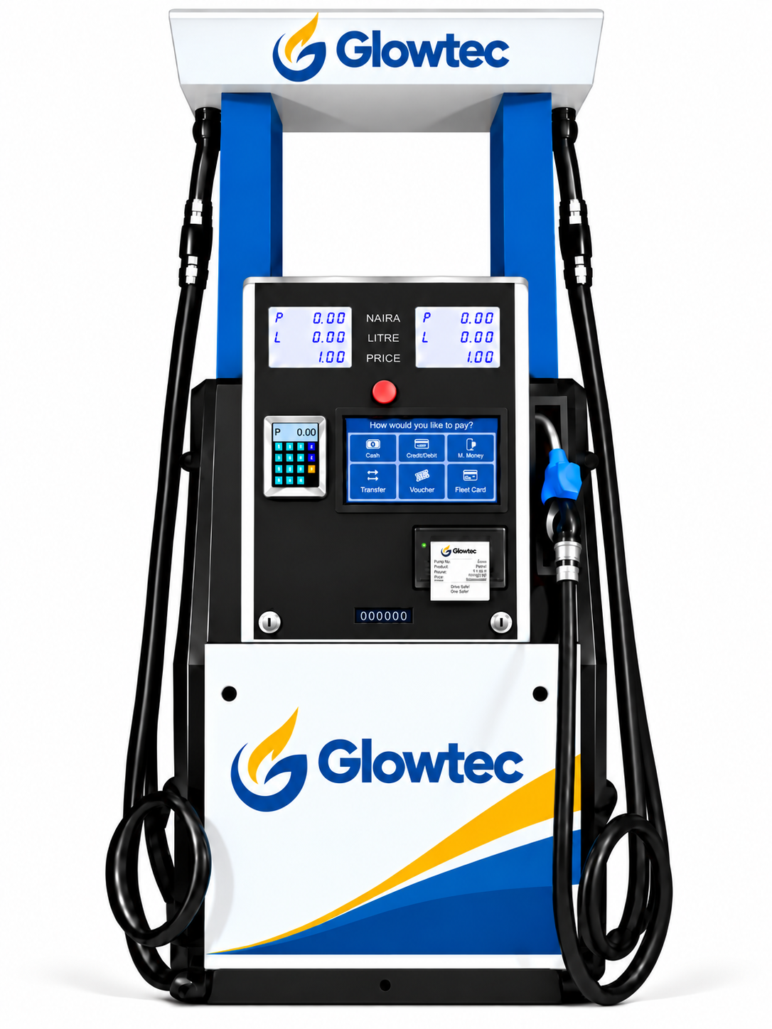 Glowtec X2 fuel dispenser with interactive touchscreen and receipt printer.